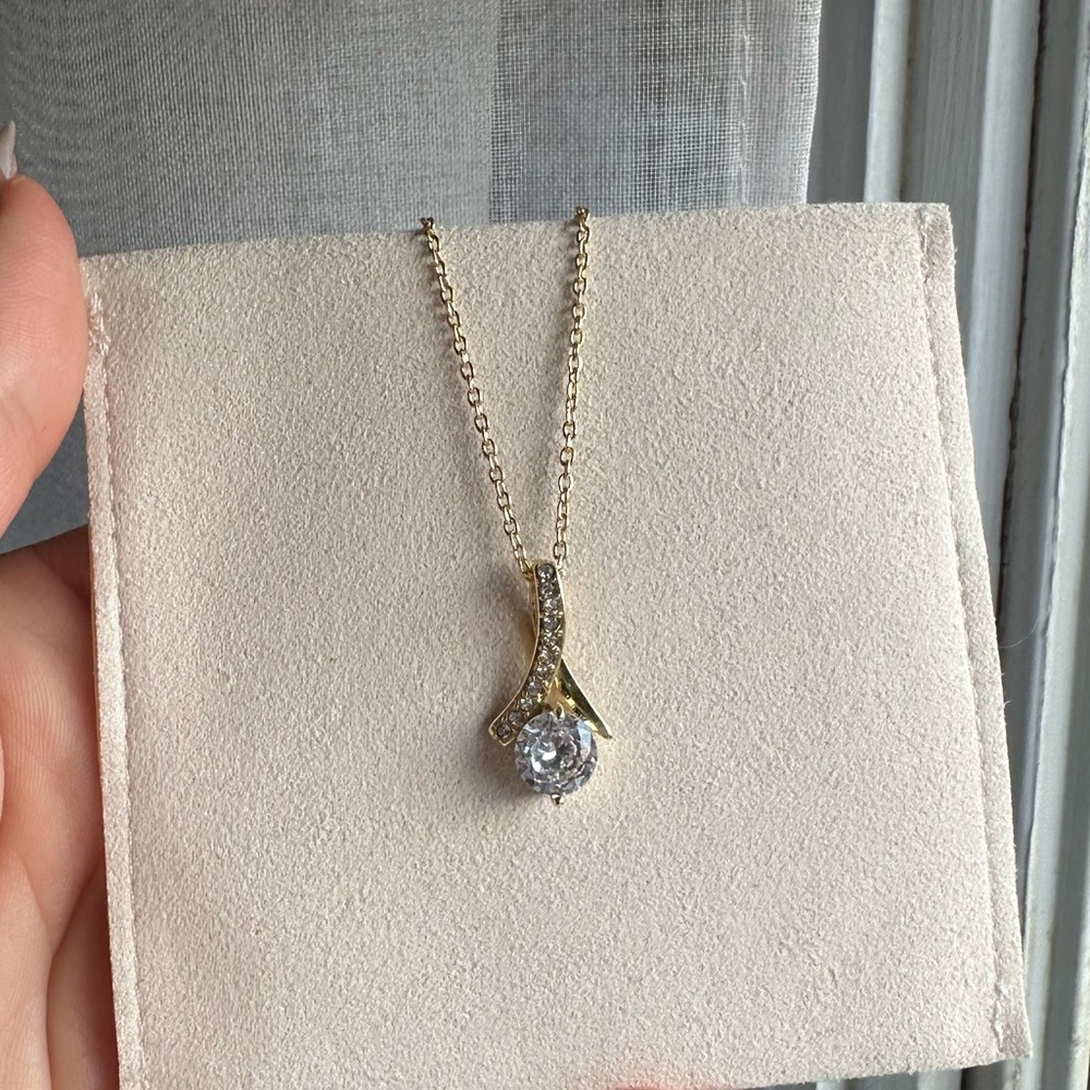 Gold diamond pendant necklace, adjustable, stainless steel, CZ stone